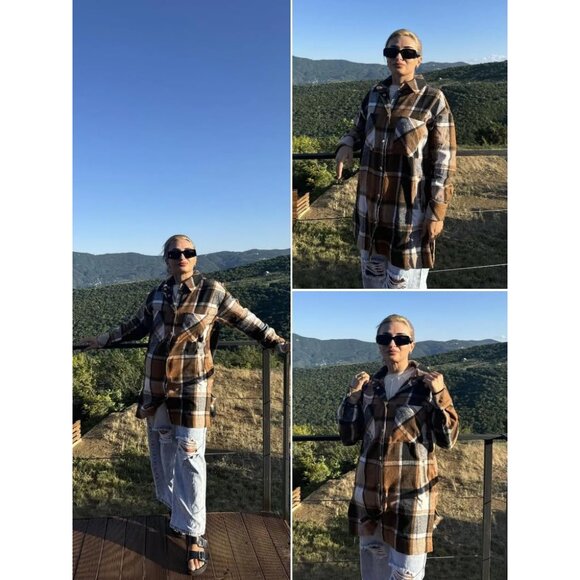 Casual Women's Khaki Plaid Flannel Shacket - Oversized Fit, Long Sleeve Jacket - Picture 4 of 5